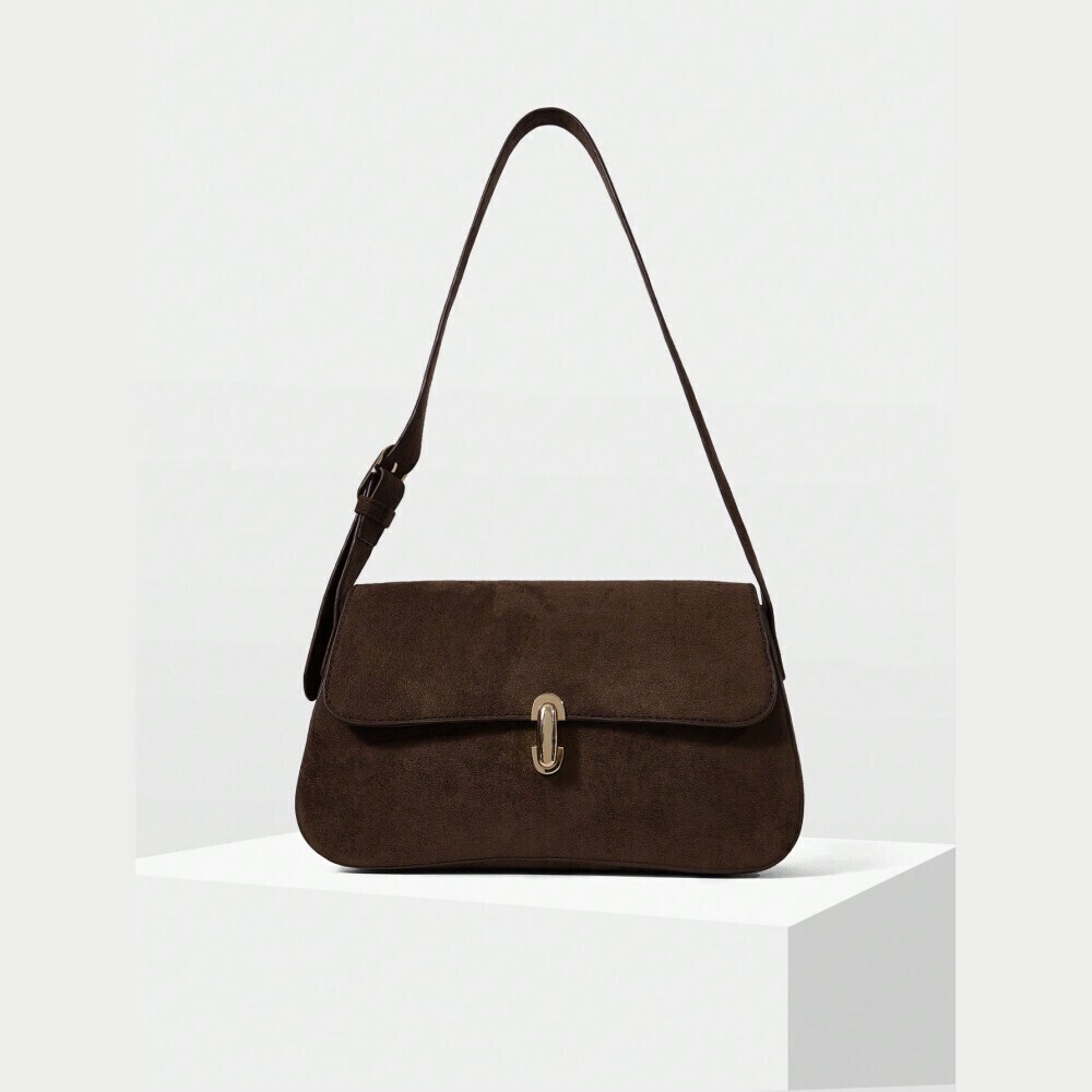 Brown Faux Suede Gold Buckle Flap Shoulder Bag